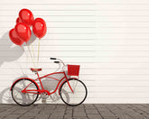 Red Bicycle With Balloons And Basket On Stone Floor Withe Wood Wall Backdrop Shopbackdrop